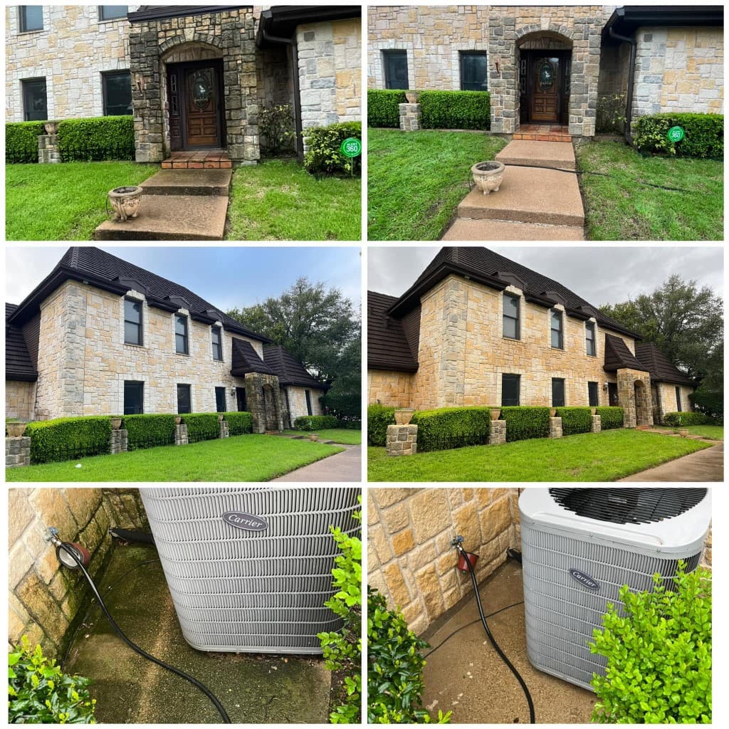 Before and after soft washing on a stone home exterior